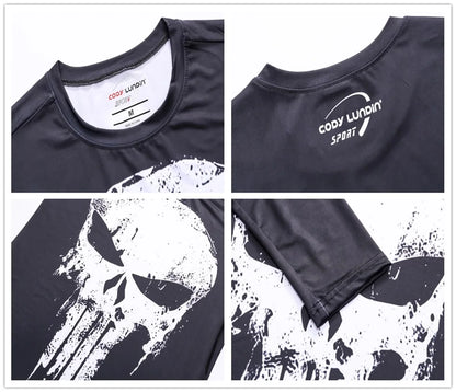 Superhero Punisher Long Sleeve Sport T Shirt Workout 3D Compression Quick Dry Training Men's Running Gym Fitness Top Rashgard