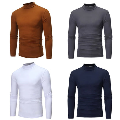 Fashion Men's Casual Slim Fit Basic Turtleneck Cotton T-Shirt High Collar Pullover Male Autumn Spring Thin Tops Basic Bottoming