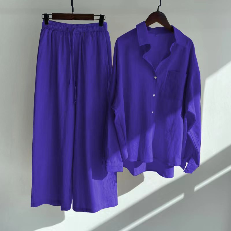 Modest Eid Muslim Women Sets Ensemble Two Pieces Single Breasted Button Shirt Solid Blouses & Wide Leg Pants Arab Islam Spring
