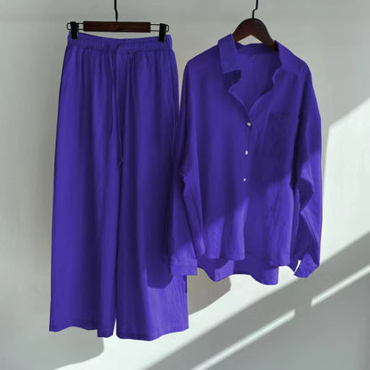 Modest Eid Muslim Women Sets Ensemble Two Pieces Single Breasted Button Shirt Solid Blouses & Wide Leg Pants Arab Islam Spring