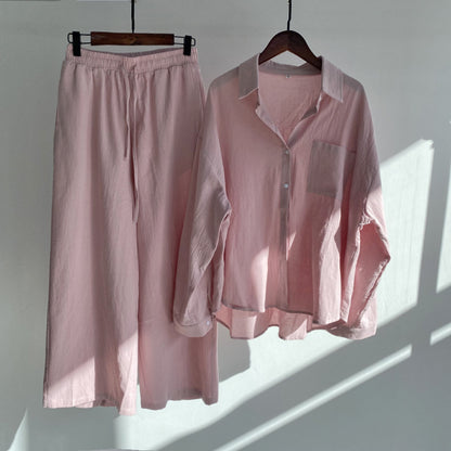Modest Eid Muslim Women Sets Ensemble Two Pieces Single Breasted Button Shirt Solid Blouses & Wide Leg Pants Arab Islam Spring