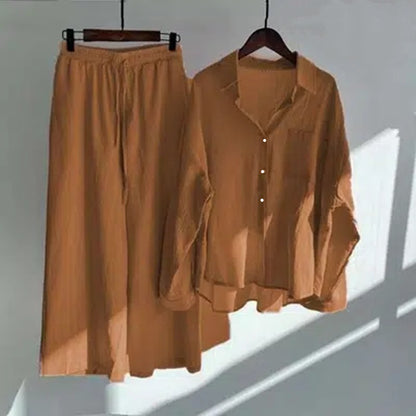 Modest Eid Muslim Women Sets Ensemble Two Pieces Single Breasted Button Shirt Solid Blouses & Wide Leg Pants Arab Islam Spring