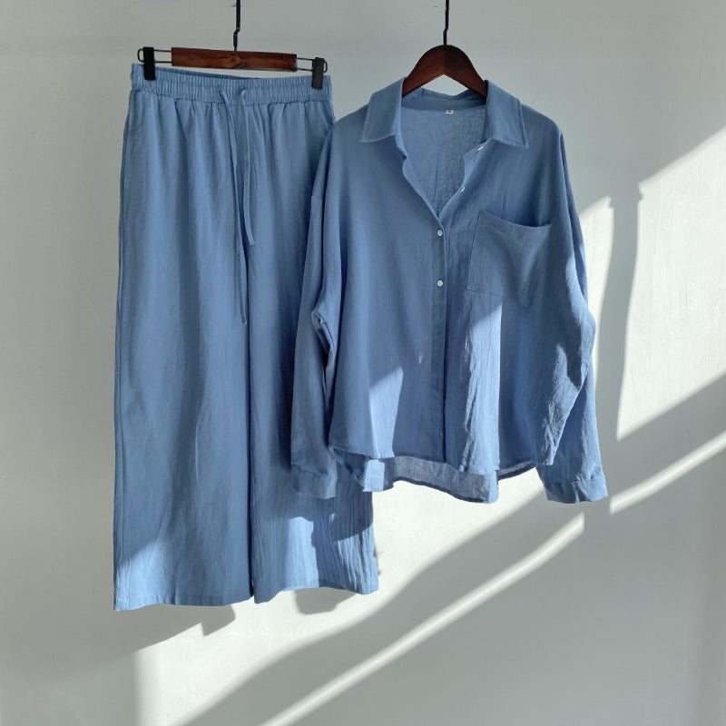 Modest Eid Muslim Women Sets Ensemble Two Pieces Single Breasted Button Shirt Solid Blouses & Wide Leg Pants Arab Islam Spring