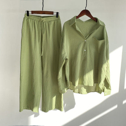 Modest Eid Muslim Women Sets Ensemble Two Pieces Single Breasted Button Shirt Solid Blouses & Wide Leg Pants Arab Islam Spring