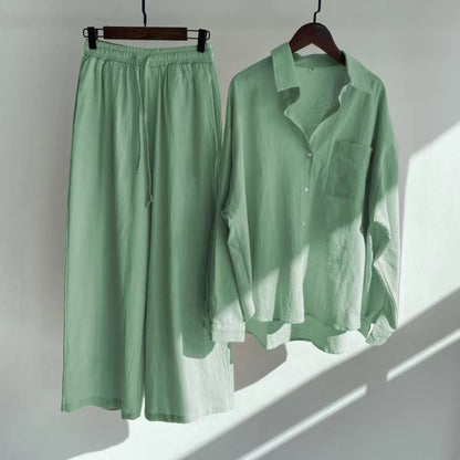 Modest Eid Muslim Women Sets Ensemble Two Pieces Single Breasted Button Shirt Solid Blouses & Wide Leg Pants Arab Islam Spring