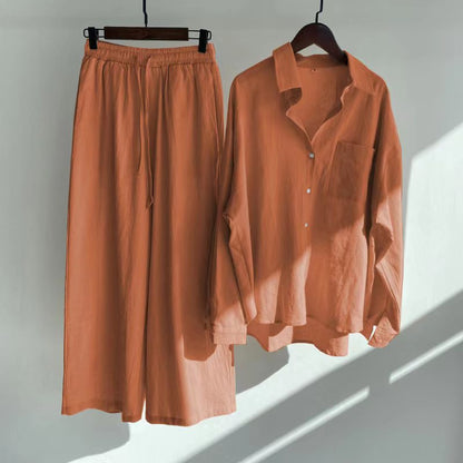 Modest Eid Muslim Women Sets Ensemble Two Pieces Single Breasted Button Shirt Solid Blouses & Wide Leg Pants Arab Islam Spring