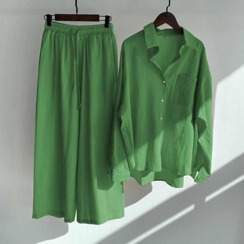 Modest Eid Muslim Women Sets Ensemble Two Pieces Single Breasted Button Shirt Solid Blouses & Wide Leg Pants Arab Islam Spring
