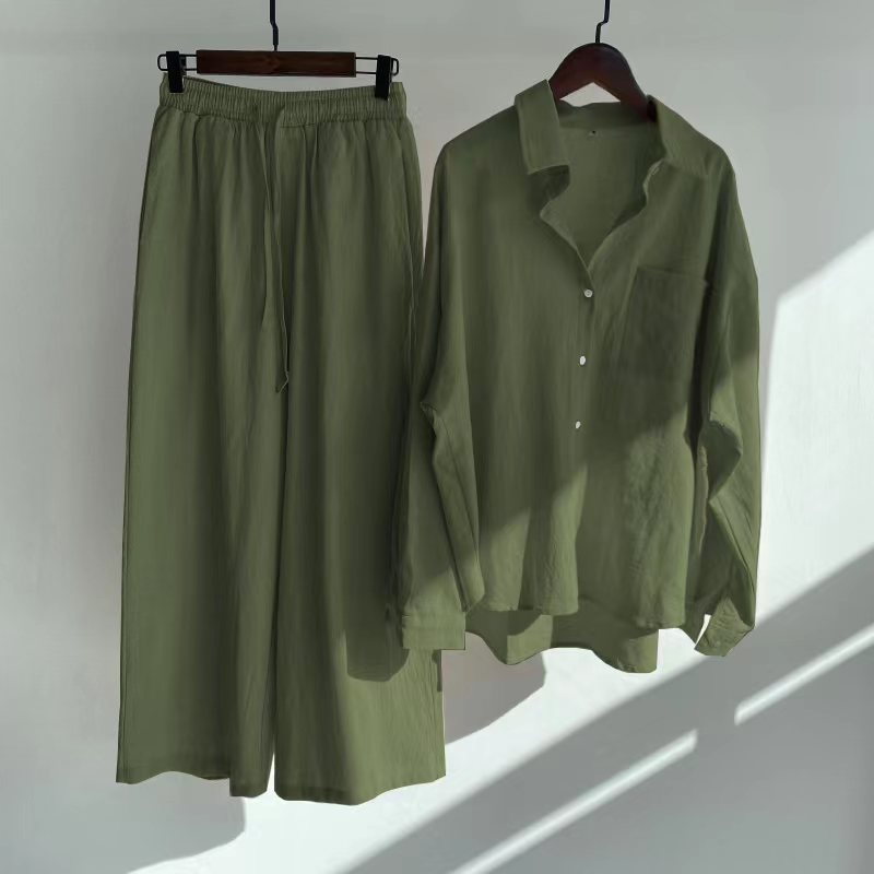 Modest Eid Muslim Women Sets Ensemble Two Pieces Single Breasted Button Shirt Solid Blouses & Wide Leg Pants Arab Islam Spring
