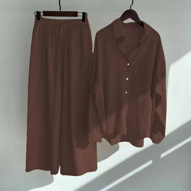 Modest Eid Muslim Women Sets Ensemble Two Pieces Single Breasted Button Shirt Solid Blouses & Wide Leg Pants Arab Islam Spring