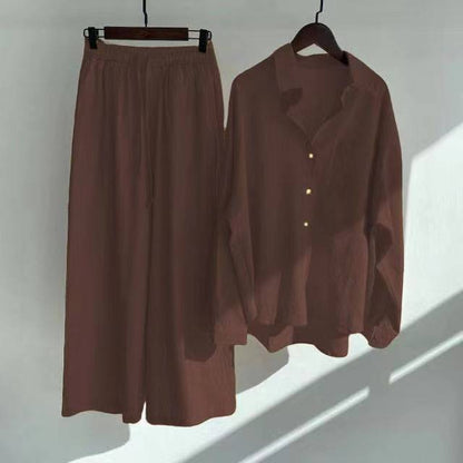Modest Eid Muslim Women Sets Ensemble Two Pieces Single Breasted Button Shirt Solid Blouses & Wide Leg Pants Arab Islam Spring