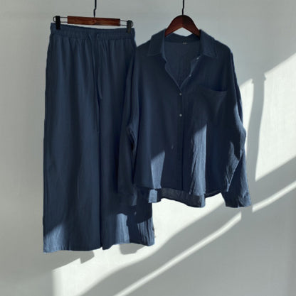 Modest Eid Muslim Women Sets Ensemble Two Pieces Single Breasted Button Shirt Solid Blouses & Wide Leg Pants Arab Islam Spring