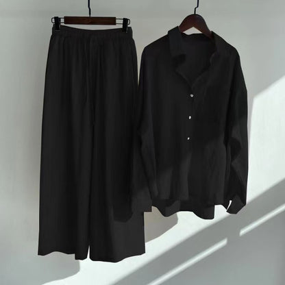Modest Eid Muslim Women Sets Ensemble Two Pieces Single Breasted Button Shirt Solid Blouses & Wide Leg Pants Arab Islam Spring