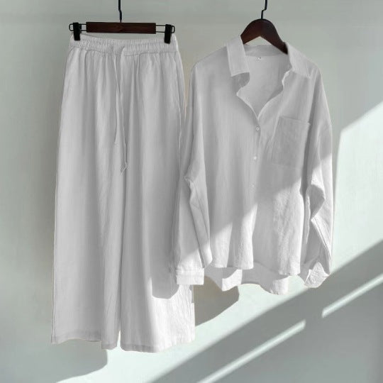 Modest Eid Muslim Women Sets Ensemble Two Pieces Single Breasted Button Shirt Solid Blouses & Wide Leg Pants Arab Islam Spring