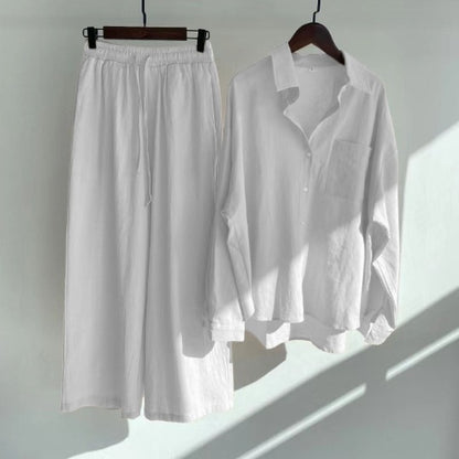 Modest Eid Muslim Women Sets Ensemble Two Pieces Single Breasted Button Shirt Solid Blouses & Wide Leg Pants Arab Islam Spring