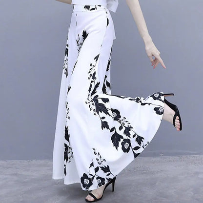 Women's Summer Long Pants Skirt Contrast Color Baggy Flower Print High Waist Slimming Plus Size Trousers Skirt Daily Clothes