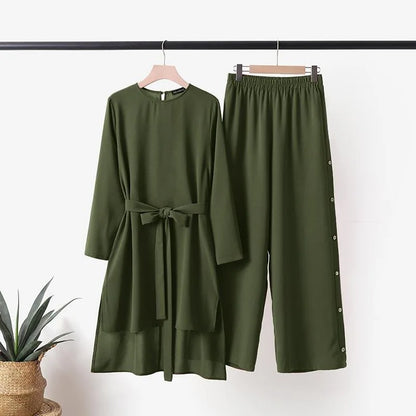 Fashion Eid Muslim 2 Pieces Sets Women Lace-up Blouse & Wide Leg Pant Casual Suit Musulman Modest Clothing Female Elegant Outfit