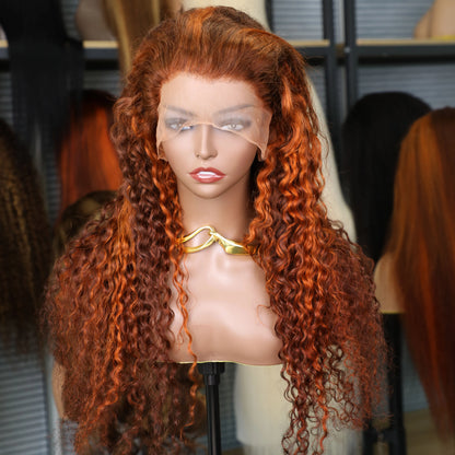 Highlight 4/350 Water Wave 13x6 Lace Frontal Human Hair Wigs Brazilian Ginger Orange Brown Color 13x4 Lace Front Curly Wig 220%