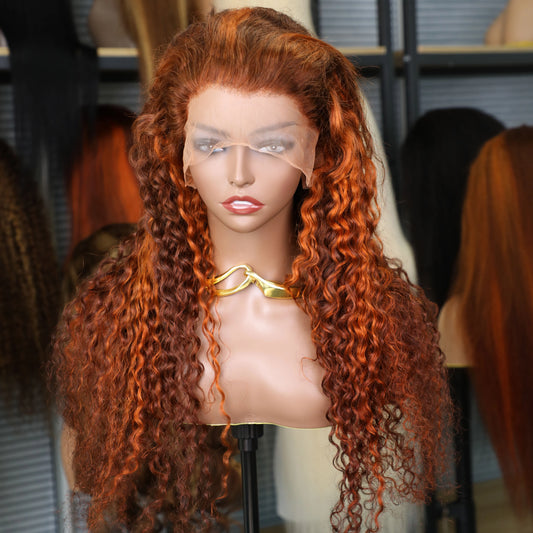 Highlight 4/350 Water Wave 13x6 Lace Frontal Human Hair Wigs Brazilian Ginger Orange Brown Color 13x4 Lace Front Curly Wig 220%