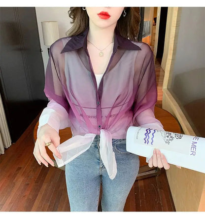 Shirts Women Gradient Loose Leisure Summer Sunscreen Lapel Thin Soft Designed Breathable Korean Fashion Clothing Office Lady New