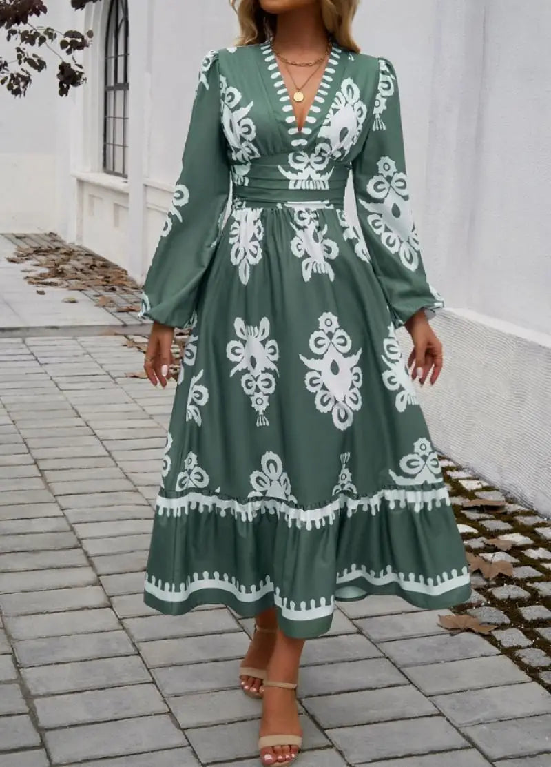 Elegant Dresses Women Summer 2024 Autumn Casual Tribal Ethnic Print V-Neck Long Sleeved High Waist Elegant Vacation A-Line Dress