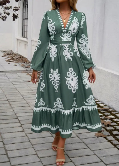 Elegant Dresses Women Summer 2024 Autumn Casual Tribal Ethnic Print V-Neck Long Sleeved High Waist Elegant Vacation A-Line Dress