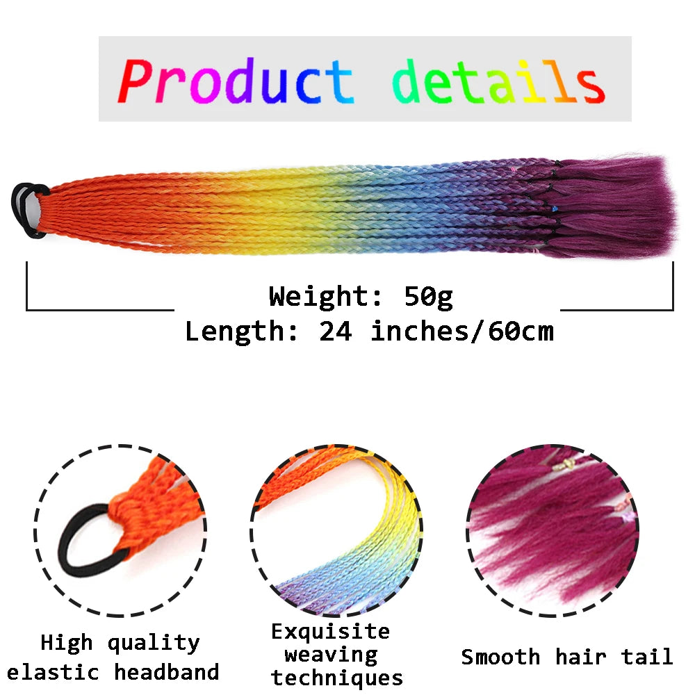 Colorful Braids, Synthetic Wig Extensions, Rubber Bands, Rainbow Braids, Ponytail Hair Accessories, WOMEN'S Party Cosplay Fes