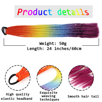 Colorful Braids, Synthetic Wig Extensions, Rubber Bands, Rainbow Braids, Ponytail Hair Accessories, WOMEN'S Party Cosplay Fes
