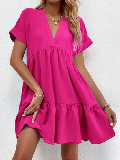 Women's Short Dress 2024 New Summer Style Fresh And Sweet V-neck Solid Color Large Swing Elegant Casual Short Dress