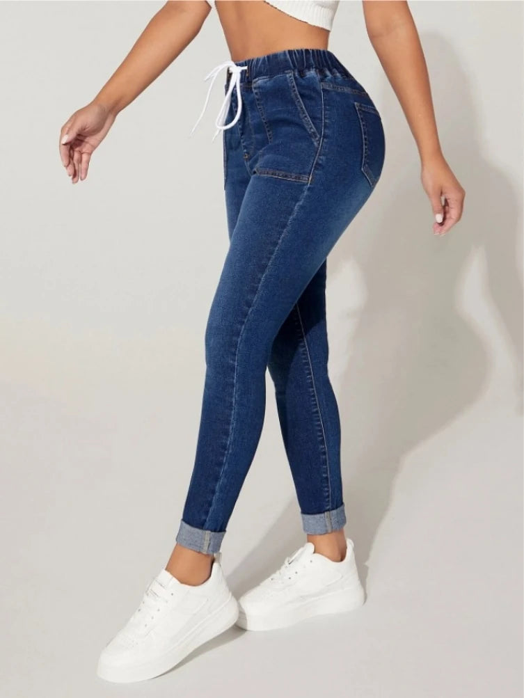 Women's winter High Stretch Elastic Waist Drawstring Jeans