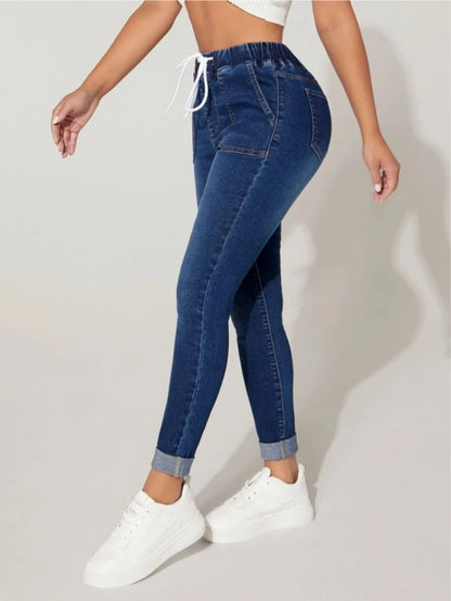 Women's winter High Stretch Elastic Waist Drawstring Jeans
