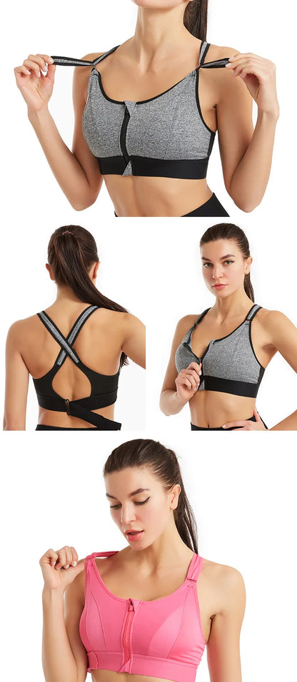 Women Sports Bras Tights Crop Top Yoga Vest Front Zipper Plus Size Adjustable Strap Shockproof Gym Fitness Athletic Brassiere