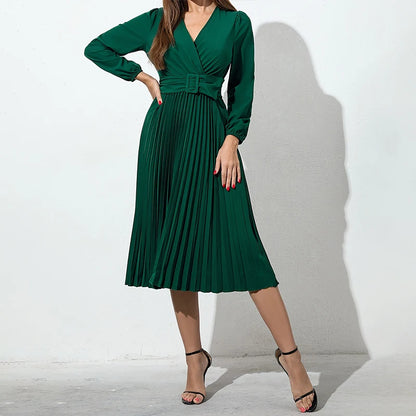Women's solid color dress dark green V-neck casual slim pleated knee skirt new long sleeve summer and autumn standard code elega