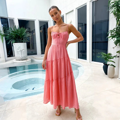 European And American Women's New Spliced Suspender Long Backless Tie Big Swing Dress With Lining