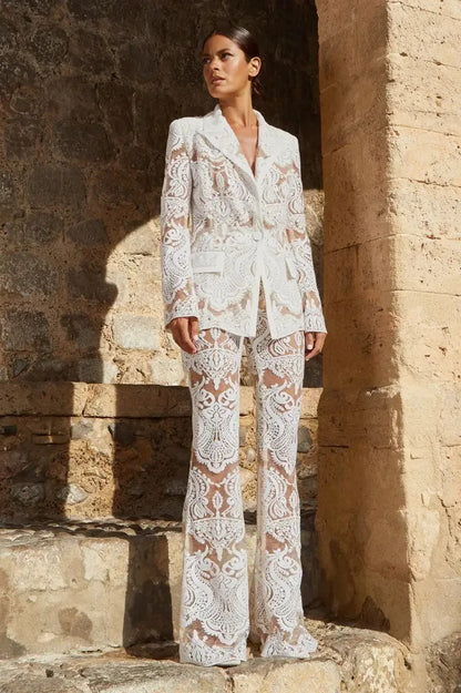 HIGH STREET Newest 2024 Designer Runway Suit Set Women's Single Button Guipure Lace Sequined Blazer Pants Suit