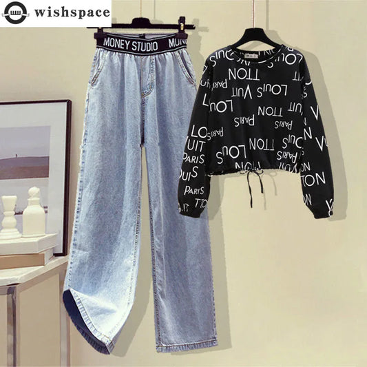 Autumn New Letter Print Lace Up T-shirt High Waist and Wide Leg Jeans Two-piece Set Elegant Women's Pants Set Female Tracksuit