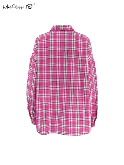 Mnealways18 Pink Brightly Plaid Shirts For Women Spring Summer 2024 Long Sleeves Classic Lapel Blouses And Tops Oversize Checked