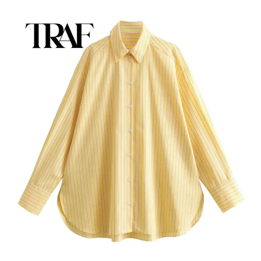 TRAF 2024 Spring New Product Women's Casual Loose Lapel Long sleeved Yellow Striped Poplin Single breasted Shirt