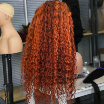 Highlight 4/350 Water Wave 13x6 Lace Frontal Human Hair Wigs Brazilian Ginger Orange Brown Color 13x4 Lace Front Curly Wig 220%