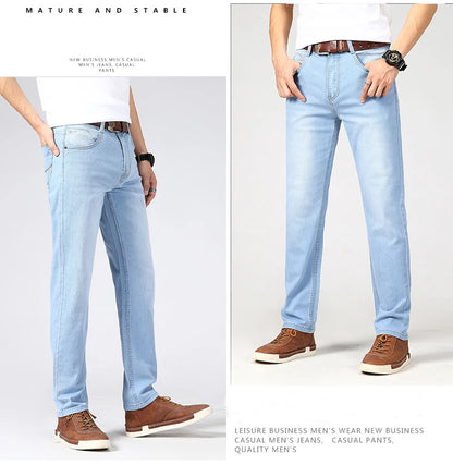 New Summer Business Men's Jeans Casual Straight Stretch Fashion Classic sky Blue  Work Denim Trousers Male Brand Clothing