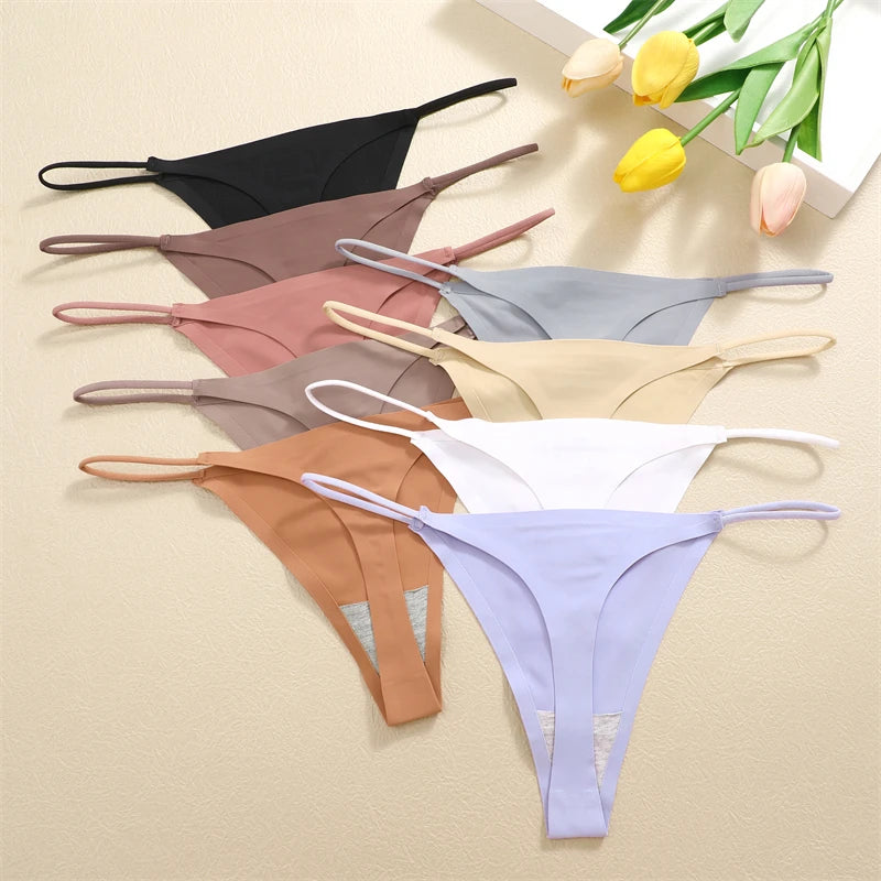 5PCS Women Seamless Underpants Ice Silk Thongs Sexy Low Waist Bikini T-back Female Solid Color Traceless G-String Panties XS-XL