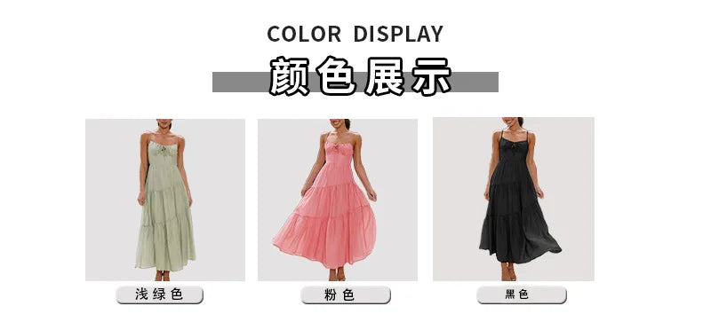 European And American Women's New Spliced Suspender Long Backless Tie Big Swing Dress With Lining