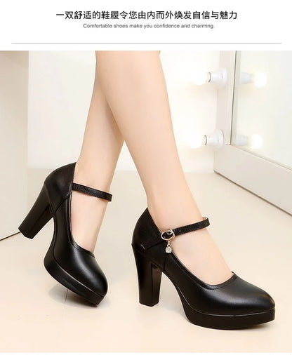 High Heels Platform Pumps Mujer 2022 Spring New Fashion Buckle Solid Black Shoes Woman PU Leather Waterproof Shoes Femme