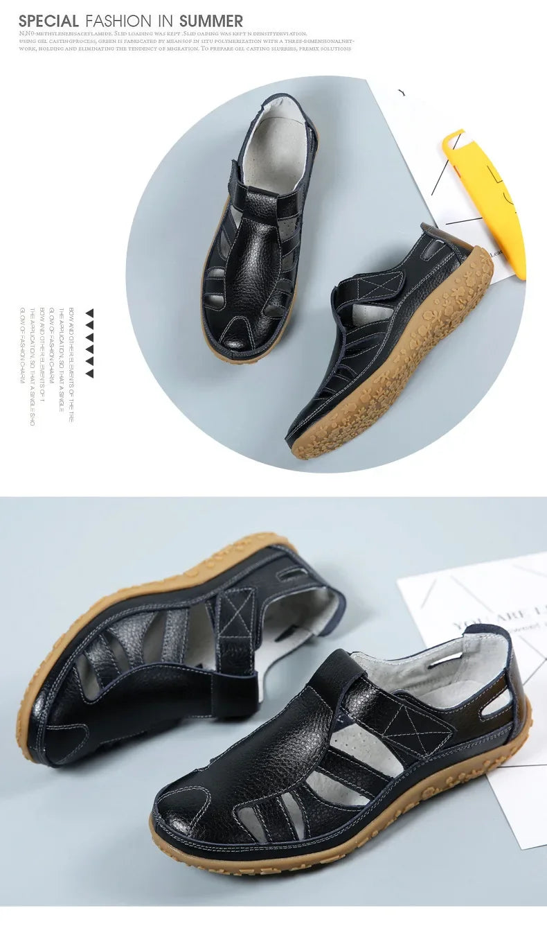 Women Ladies Female Mother Genuine Leather Shoes Sandals Gladiator Summer Beach Cool Hollow Soft Hook Loop Shoes