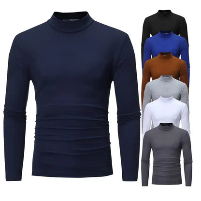 Fashion Men's Casual Slim Fit Basic Turtleneck Cotton T-Shirt High Collar Pullover Male Autumn Spring Thin Tops Basic Bottoming