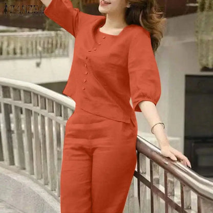 ZANZEA Elegant Summer Matching Sets Women Fashion Puff Sleeve Pant Sets 2PCS Solid OL Work Trousers Suits Tracksuit 2023