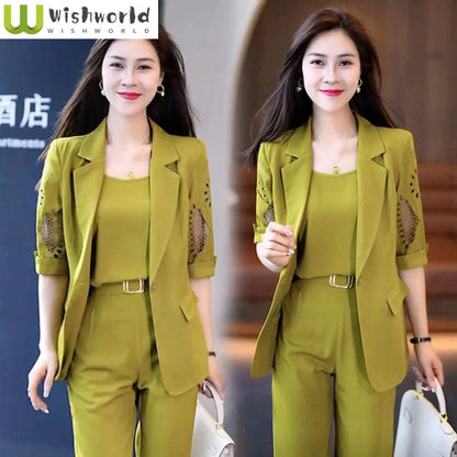 2023 Autumn New Vintage Hollow Short Sleeve Jacket with Tank Top Casual Pants Three Piece Elegant Women's Pants Suit Office Set