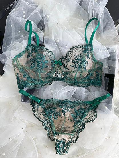 Ellolace Fancy Lingerie Lace Embroidery Fairy Seamless Tulle Underwear See Through Exotic Sets Floral Beautiful Bilizna Set