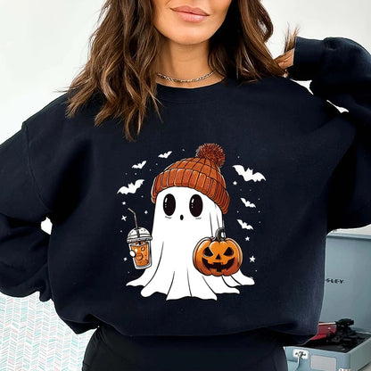 Halloween Adorable Ghost With Drink And Pumpkin Print Sweatshirt, Crew Neck Long Sleeve Pyllovers, Casual Sweatshirts For Women