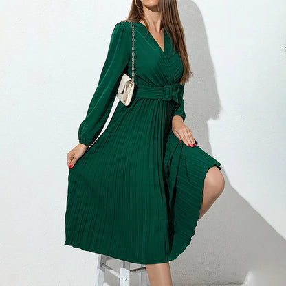 Women's solid color dress dark green V-neck casual slim pleated knee skirt new long sleeve summer and autumn standard code elega