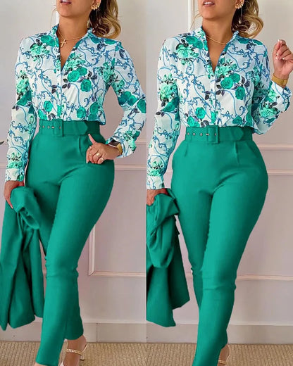Women's elegant print shirt and pants two piece sets